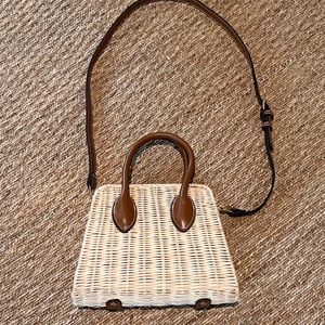 ZARA woven wicker bag with brown leather handle and crossbody strap
